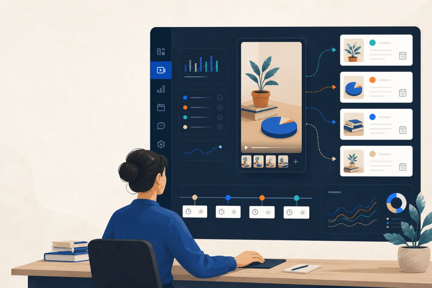 Illustration of a creator preparing one video for several publishing destinations